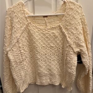Free People Cream Openwork Knit Scoop Neck Sweater